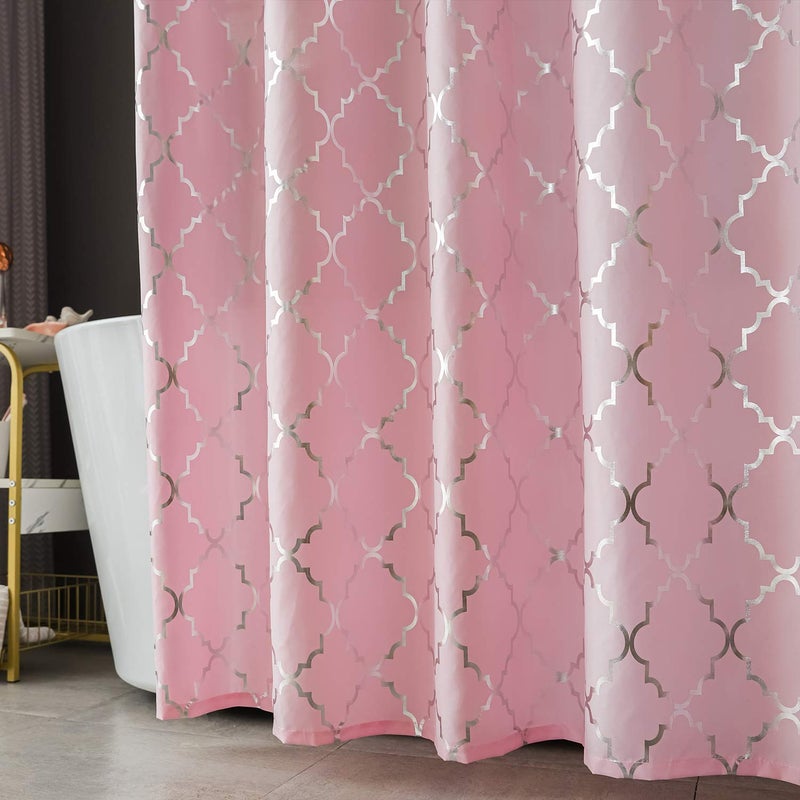 FINECITY Pink Shower Curtain 72 Inch Length - Metallic Silver Foil Geometric Moroccan Tile Printed on Soft Sanded Fabric, Grommet Shower Curtain Set with 12 Hooks, 72 x 72 Inch, Pink and Silver - Image 3